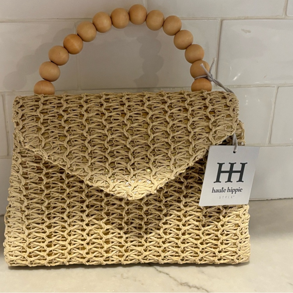 Haute Hippie Tan Shoulder Bag with Wooden Bead Handle